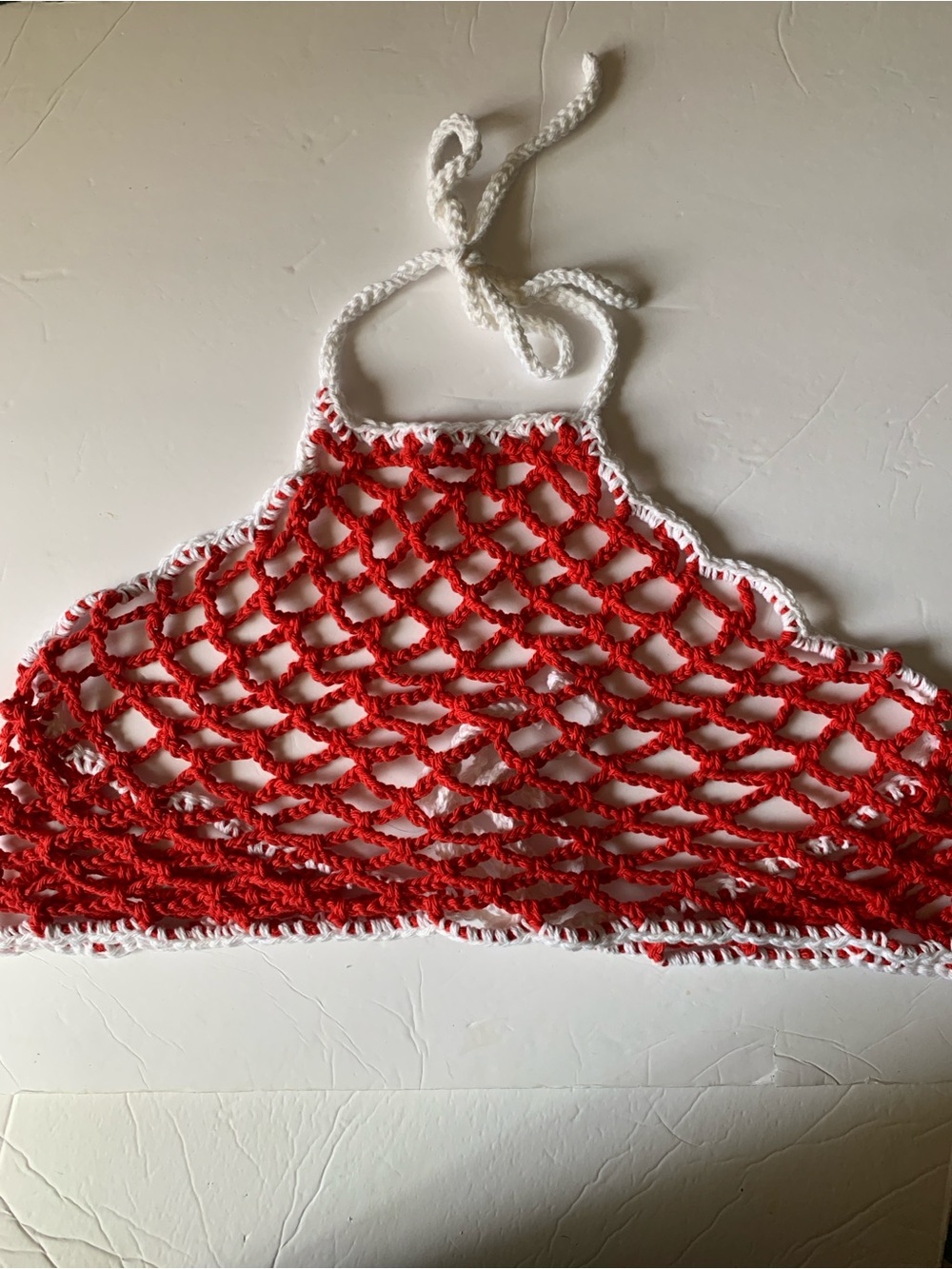 Red and White Crochet Swim Cover-Up Halter Top